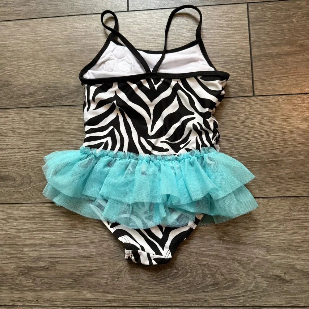 Koala Kids 4T Zebra Print One Piece Swimsuit Turquoise Tutu Ruffle Flower Black